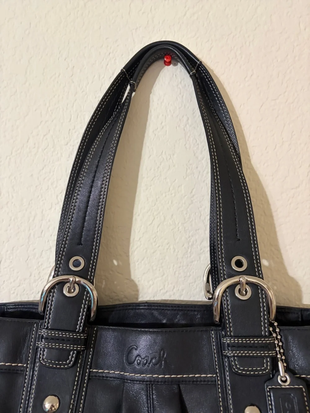 Coach Black Leather Shoulder Bag with White Contrast Stitching